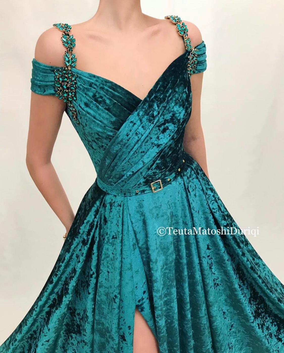 Green A-Line dress with spaghetti straps, off the shoulder sleeves and embroidery