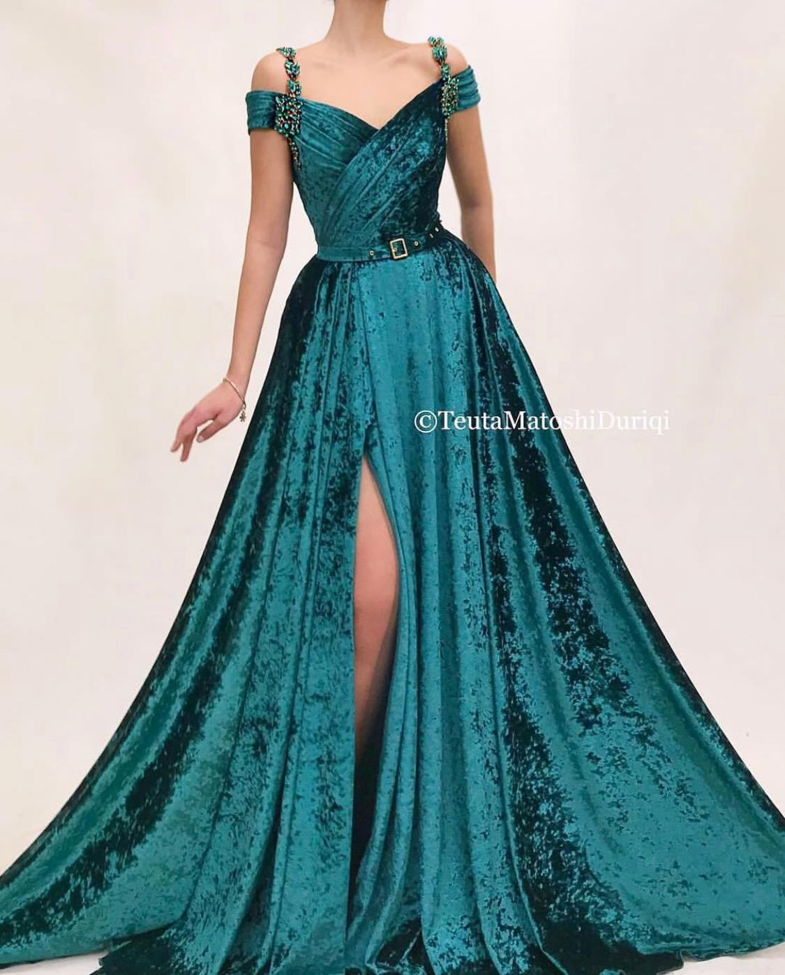 Green A-Line dress with spaghetti straps, off the shoulder sleeves and embroidery