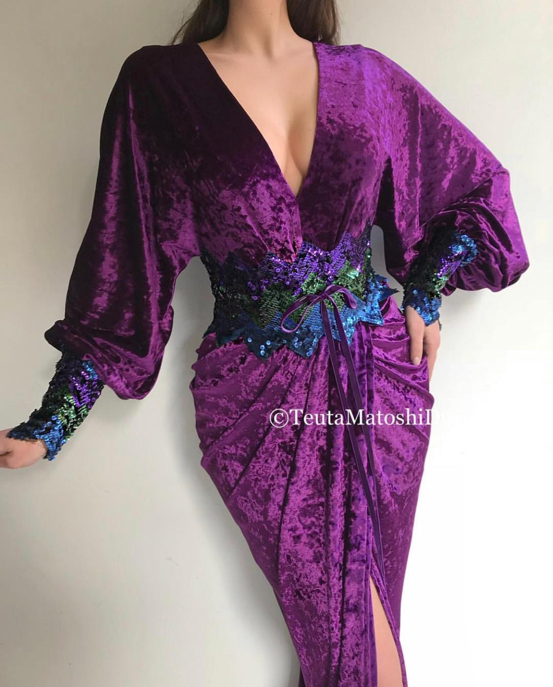 Purple mermaid dress with long sleeves, v-neck and embroidery