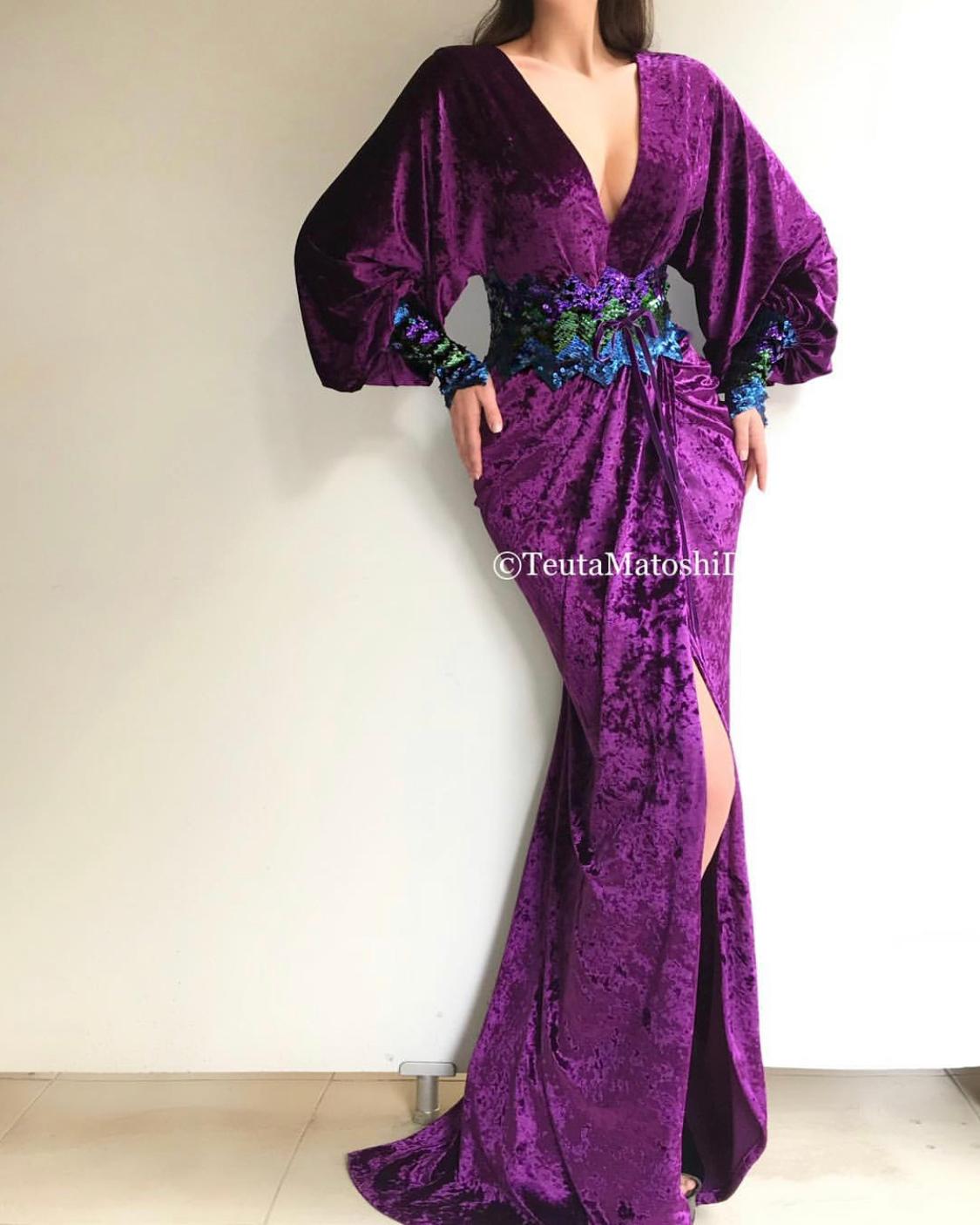 Purple mermaid dress with long sleeves, v-neck and embroidery