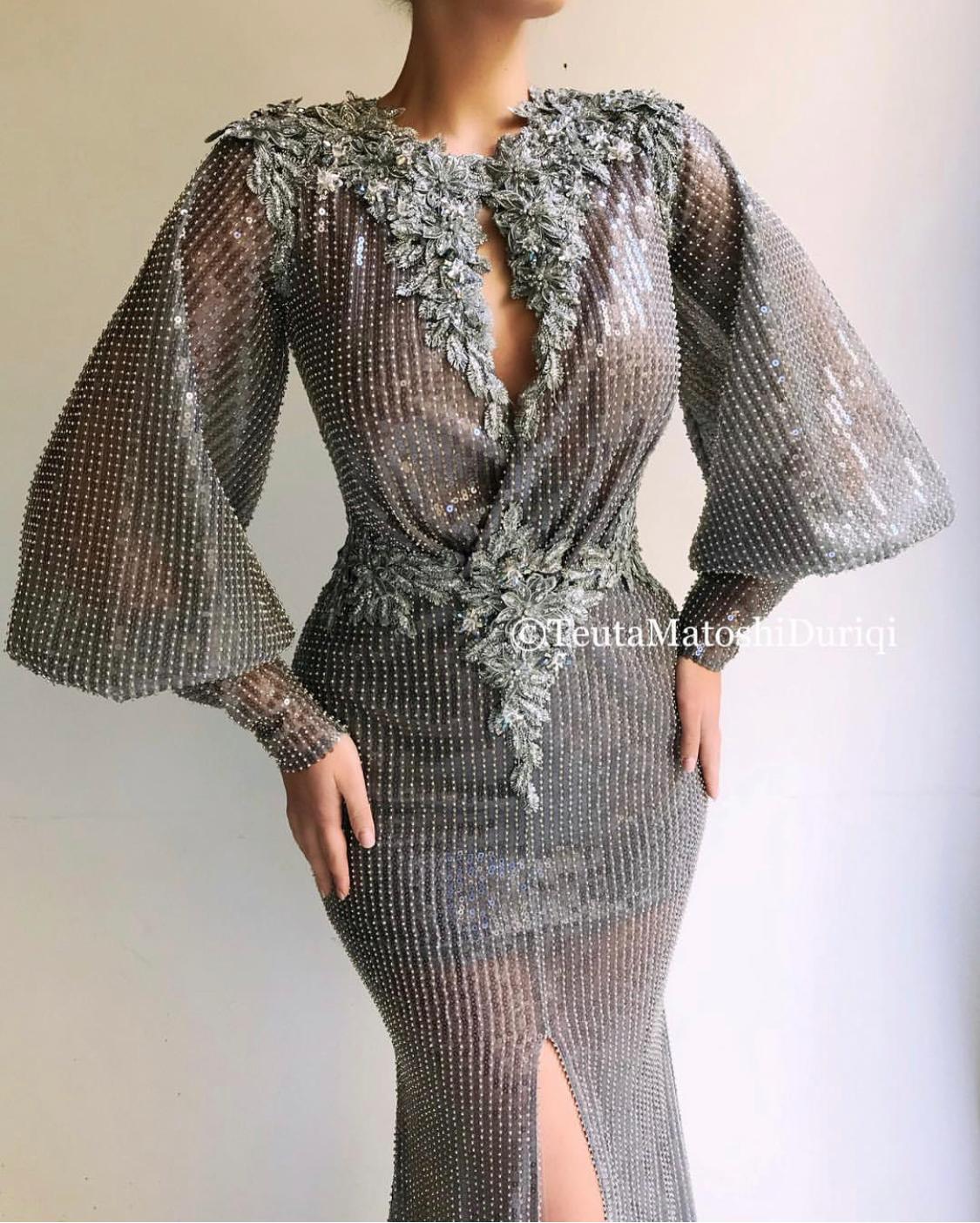 Grey mermaid dress with long sleeves and embroidery