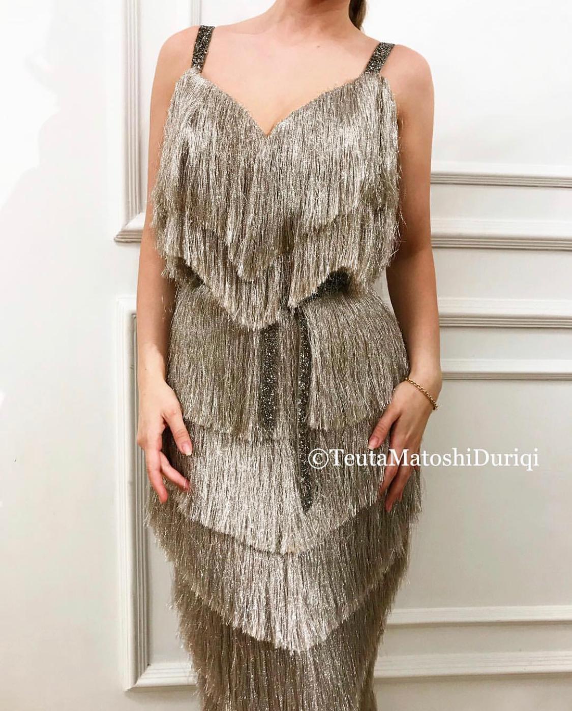Grey mermaid dress with fringe and straps