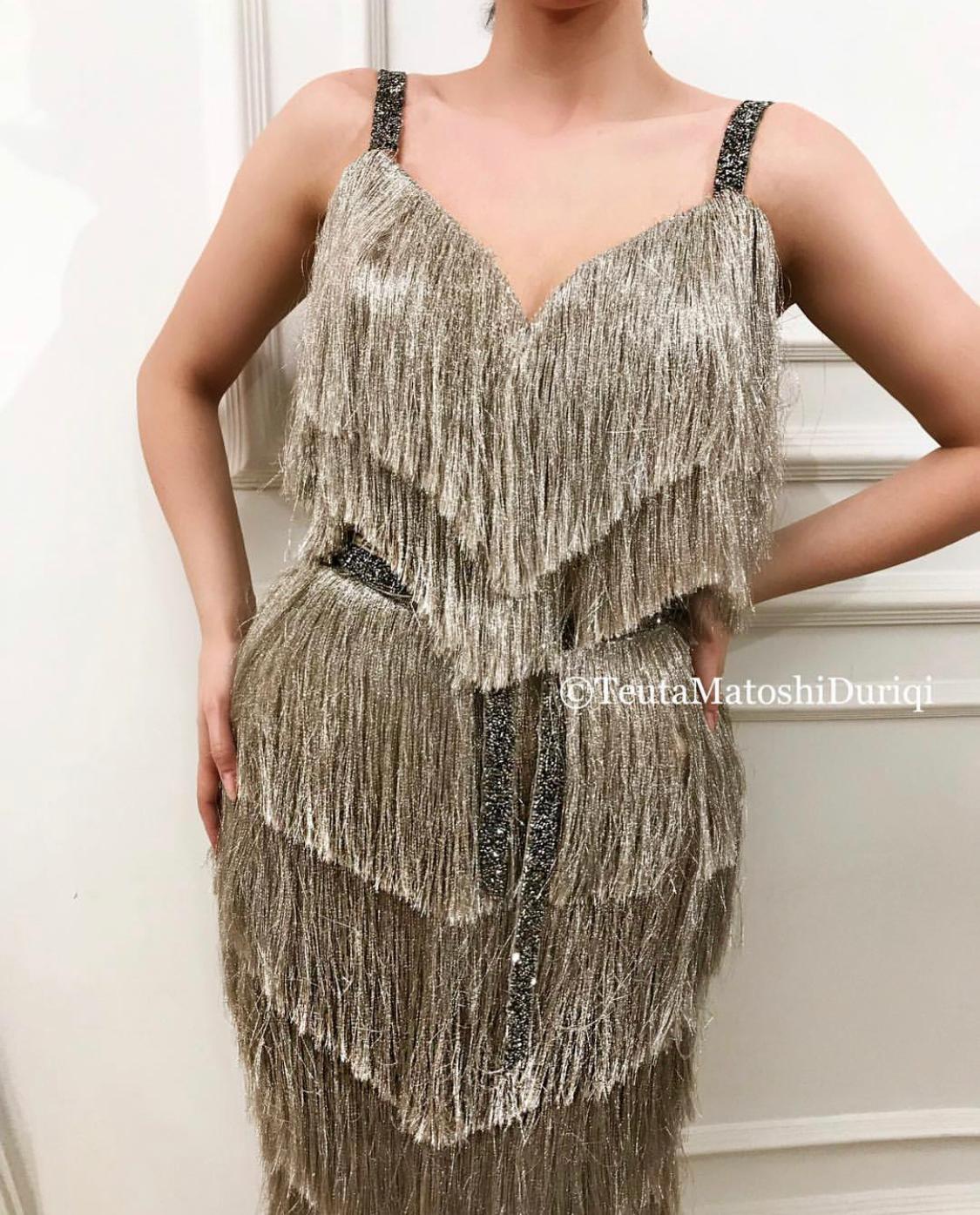 Grey mermaid dress with fringe and straps