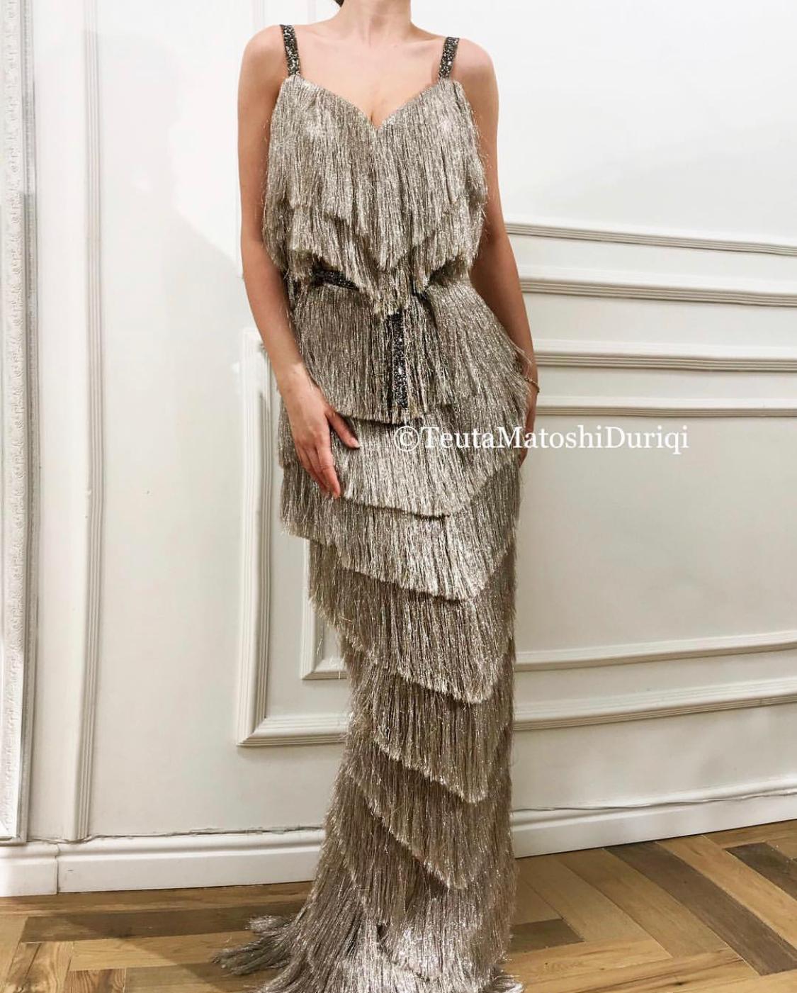 Grey mermaid dress with fringe and straps