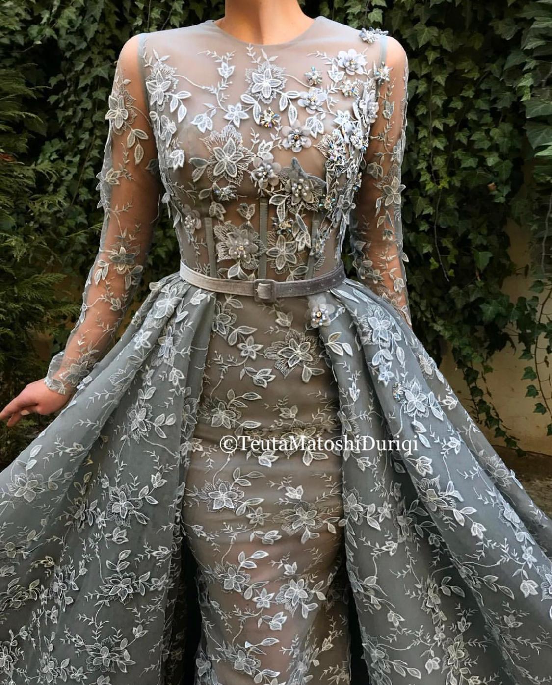 Grey overskirt dress with belt, long sleeves, lace and embroidery