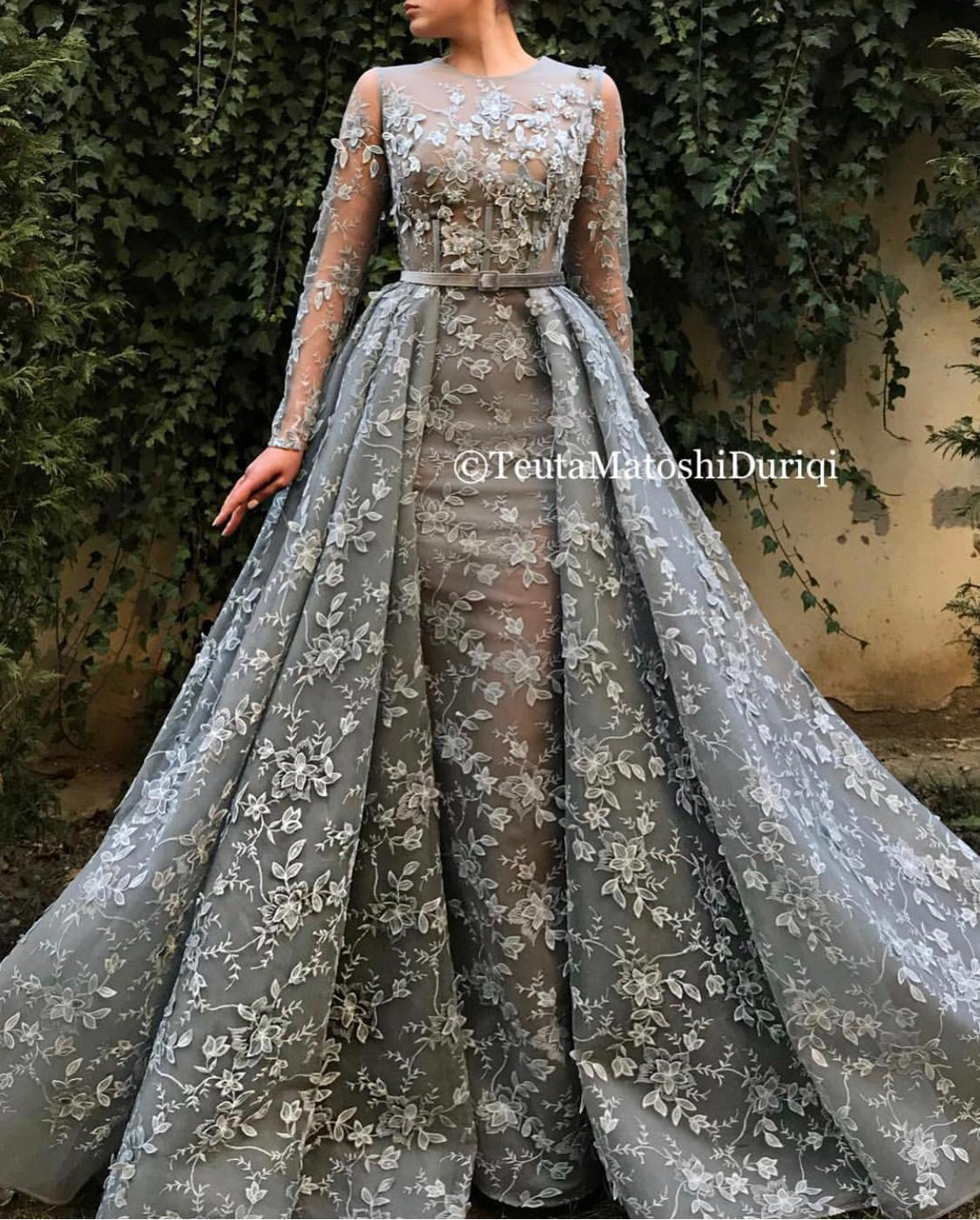 Grey overskirt dress with belt, long sleeves, lace and embroidery