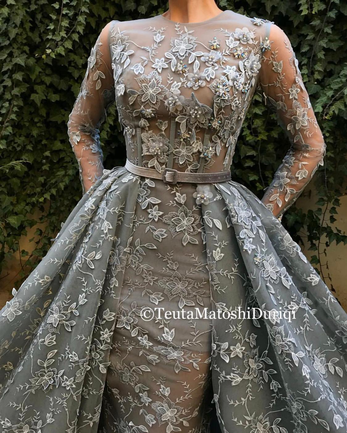 Grey overskirt dress with belt, long sleeves, lace and embroidery