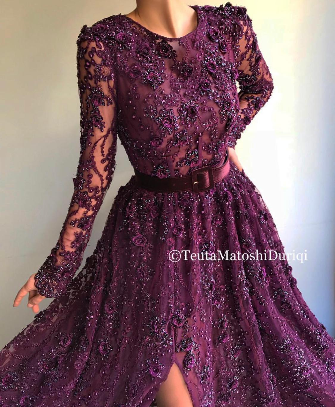 Purple A-Line dress with belt, long sleeves and embroidery