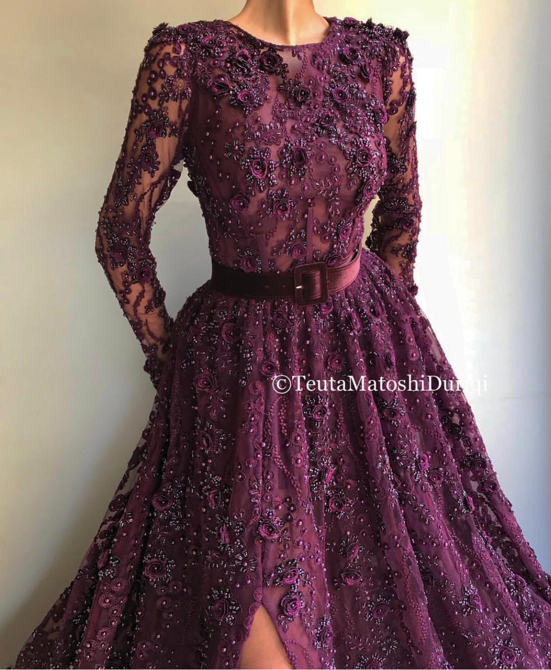 Purple A-Line dress with belt, long sleeves and embroidery