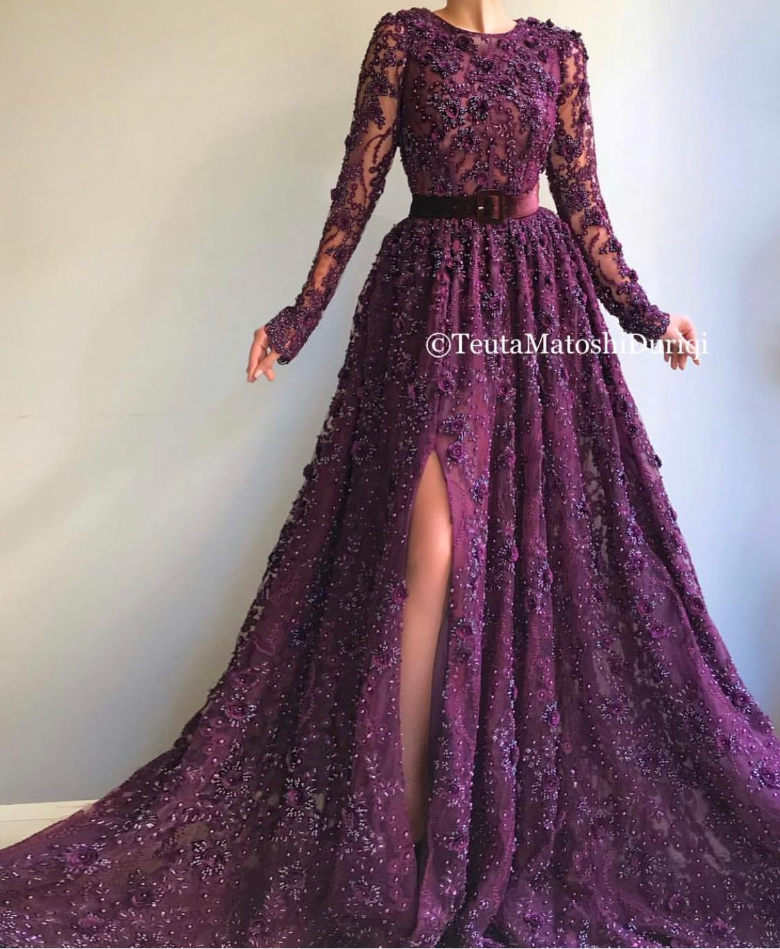 Purple A-Line dress with belt, long sleeves and embroidery