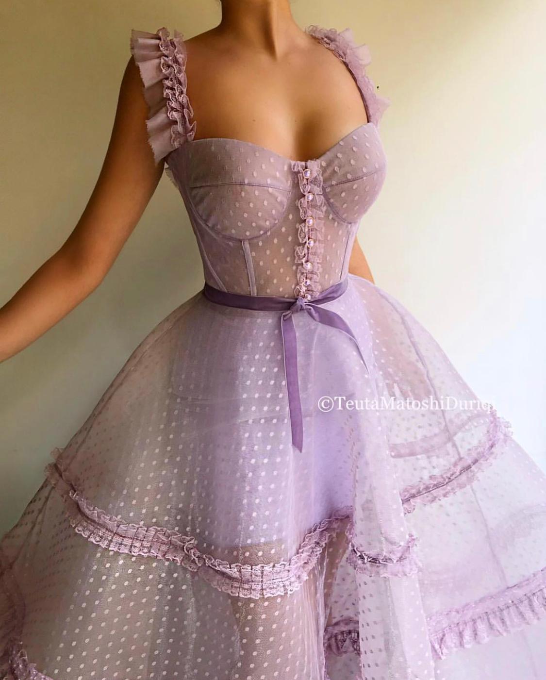 Purple A-Line dress with dotted fabric, straps and embroidery