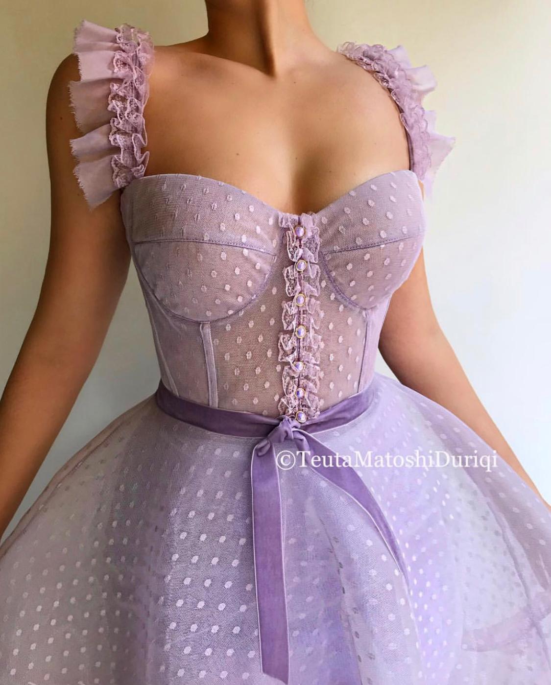 Purple A-Line dress with dotted fabric, straps and embroidery