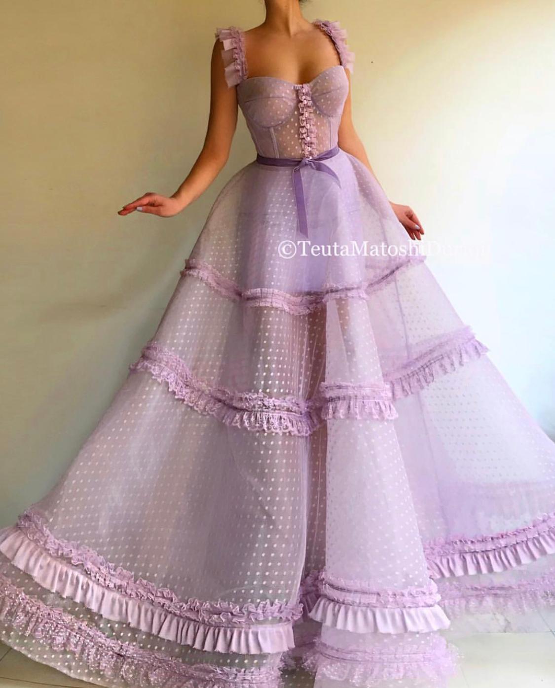 Purple A-Line dress with dotted fabric, straps and embroidery