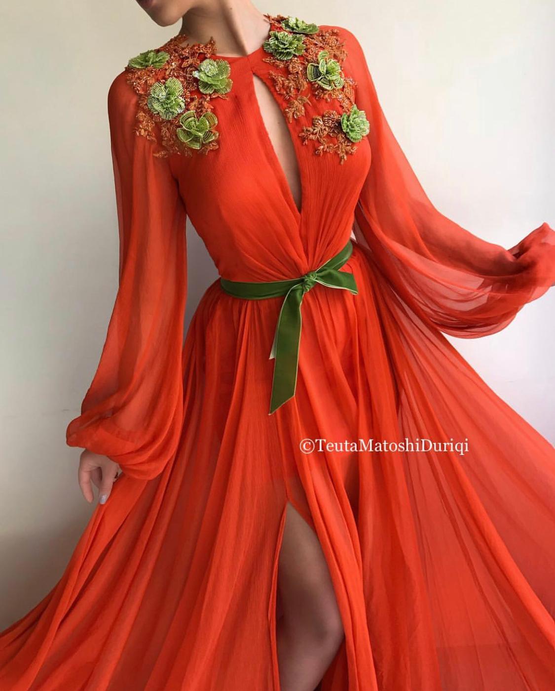 Orange A-Line dress with long sleeves and embroidery