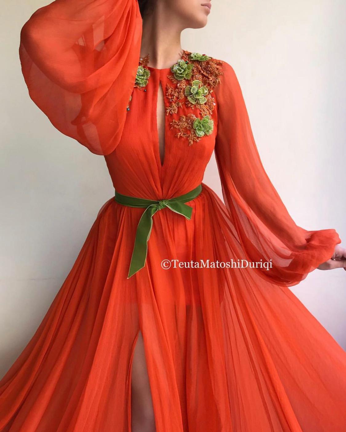 Orange A-Line dress with long sleeves and embroidery