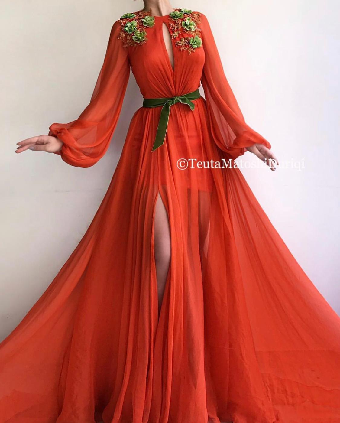 Orange A-Line dress with long sleeves and embroidery