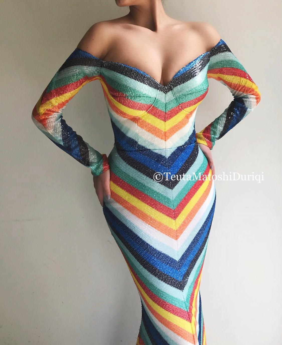 Colorful mermaid dress with long off the shoulder sleeves