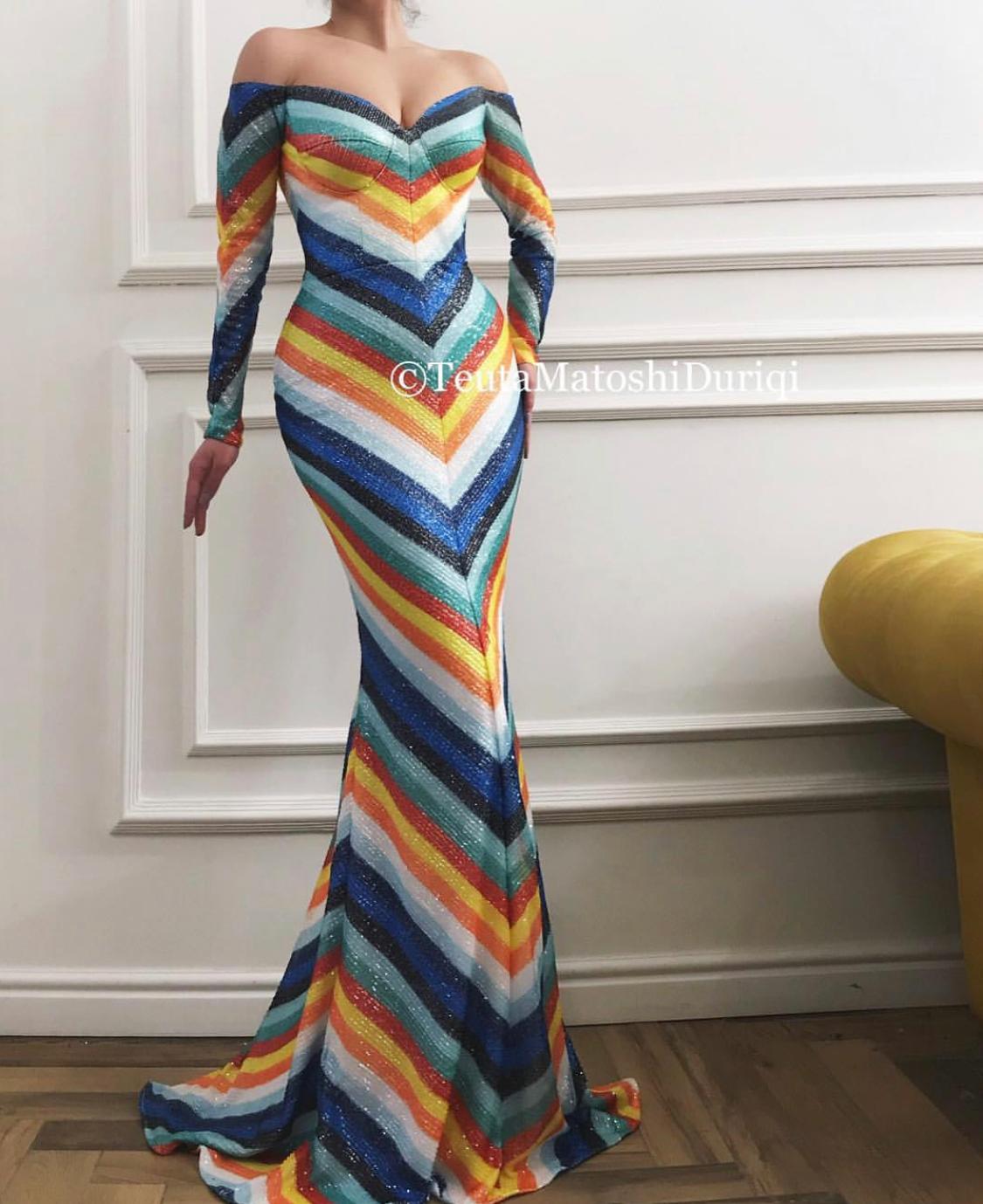 Colorful mermaid dress with long off the shoulder sleeves