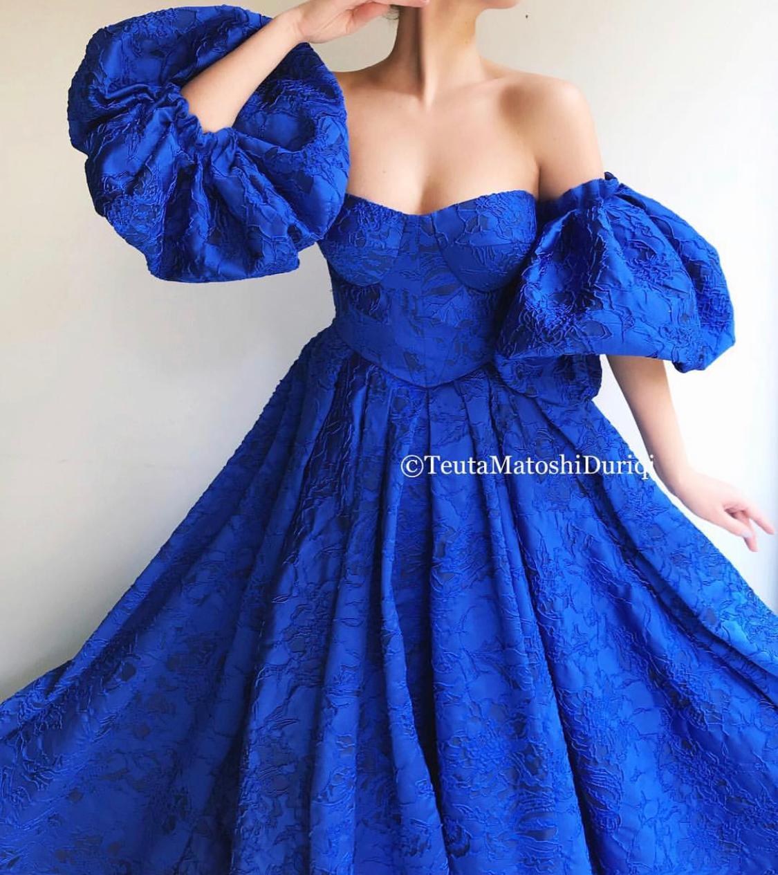 Blue A-Line dress with off the shoulder sleeves