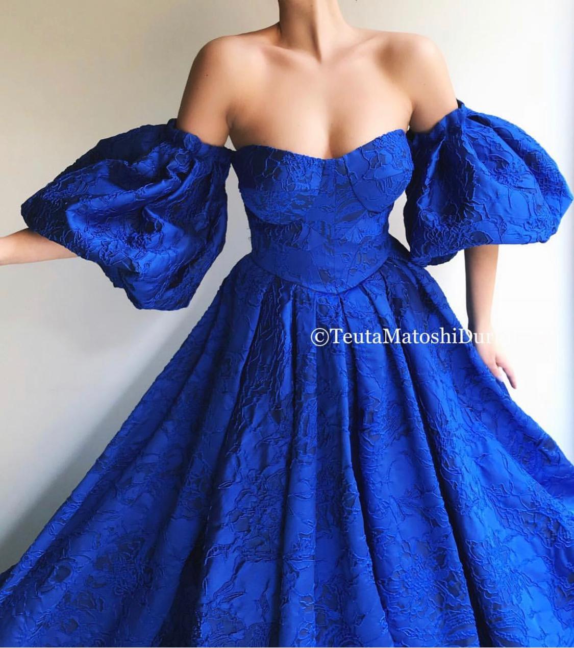 Blue A-Line dress with off the shoulder sleeves