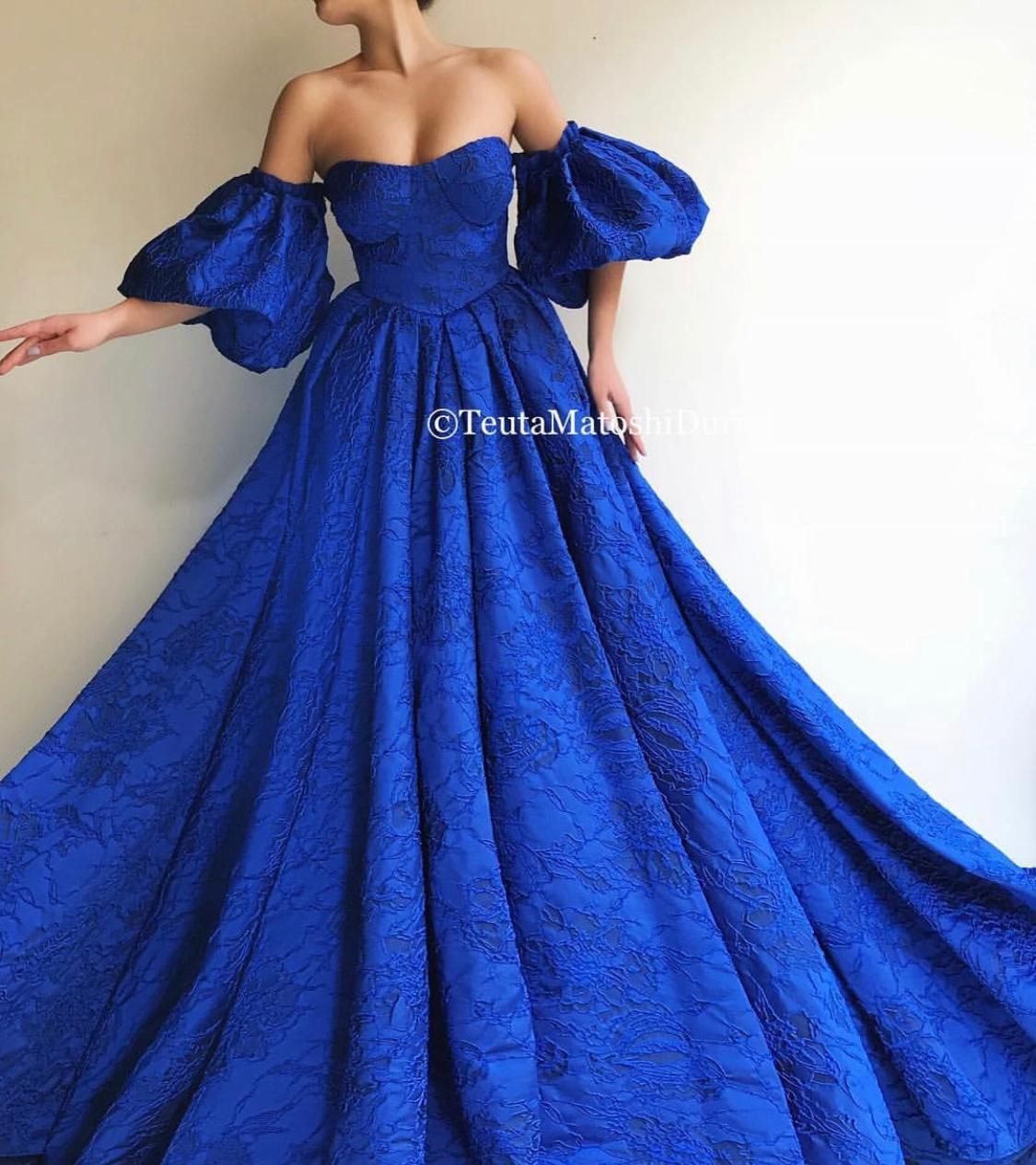 Blue A-Line dress with off the shoulder sleeves
