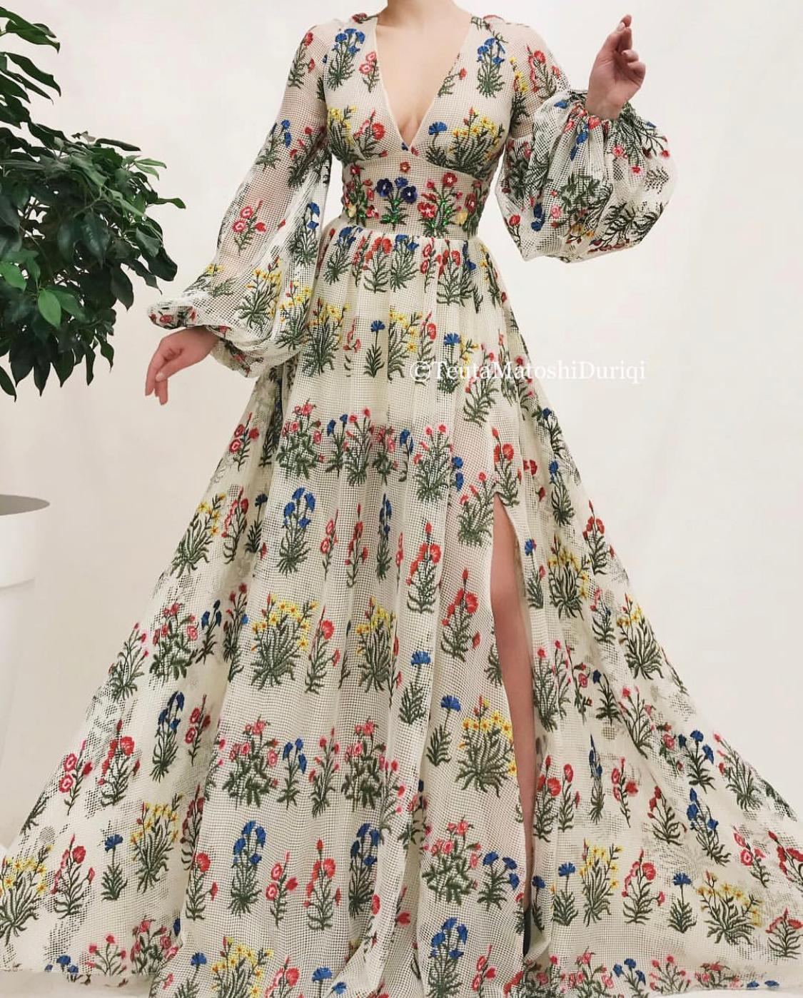 White A-Line dress with v-neck, long sleeves and embroidery