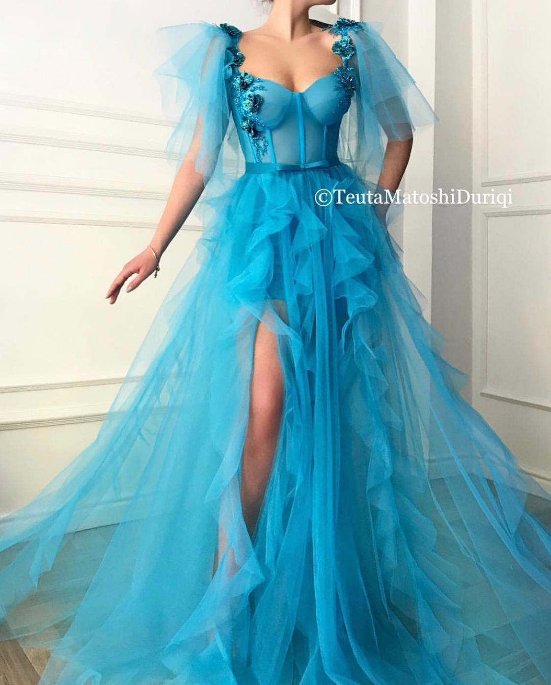 Blue A-Line dress with short sleeves and embroidery