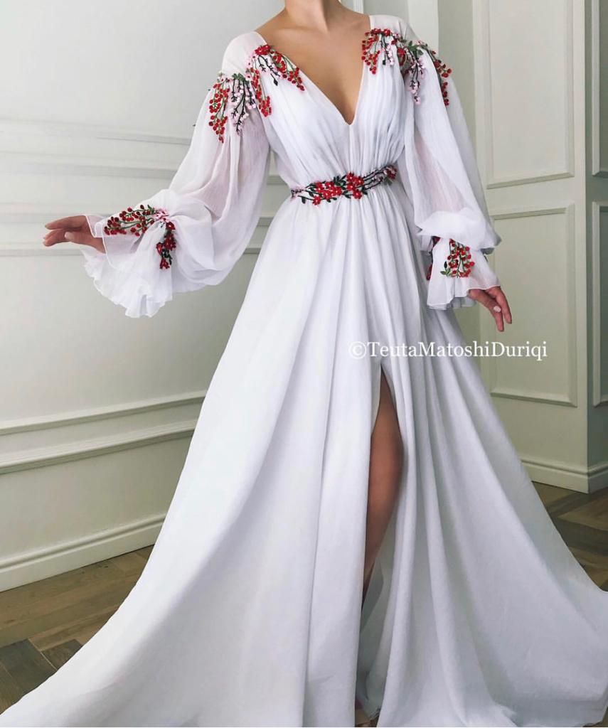 White A-Line dress with long sleeves, v-neck and embroidery