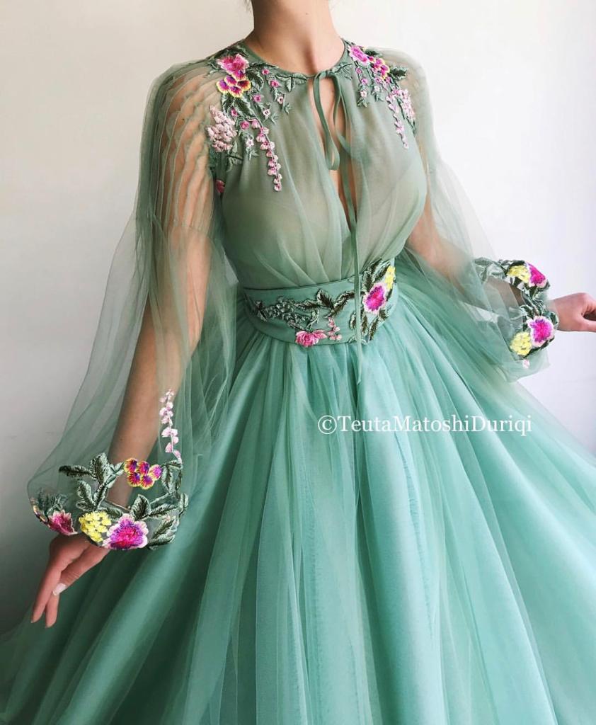 Green A-Line dress with embroidery and long sleeves