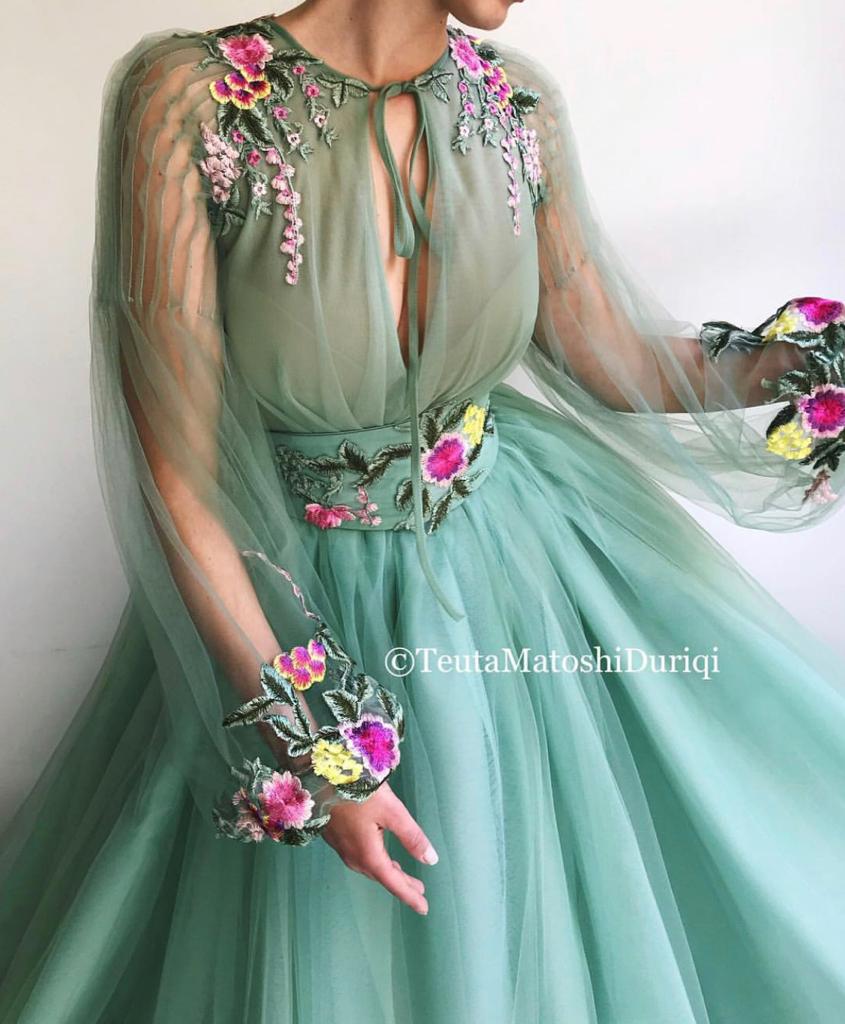 Green A-Line dress with embroidery and long sleeves
