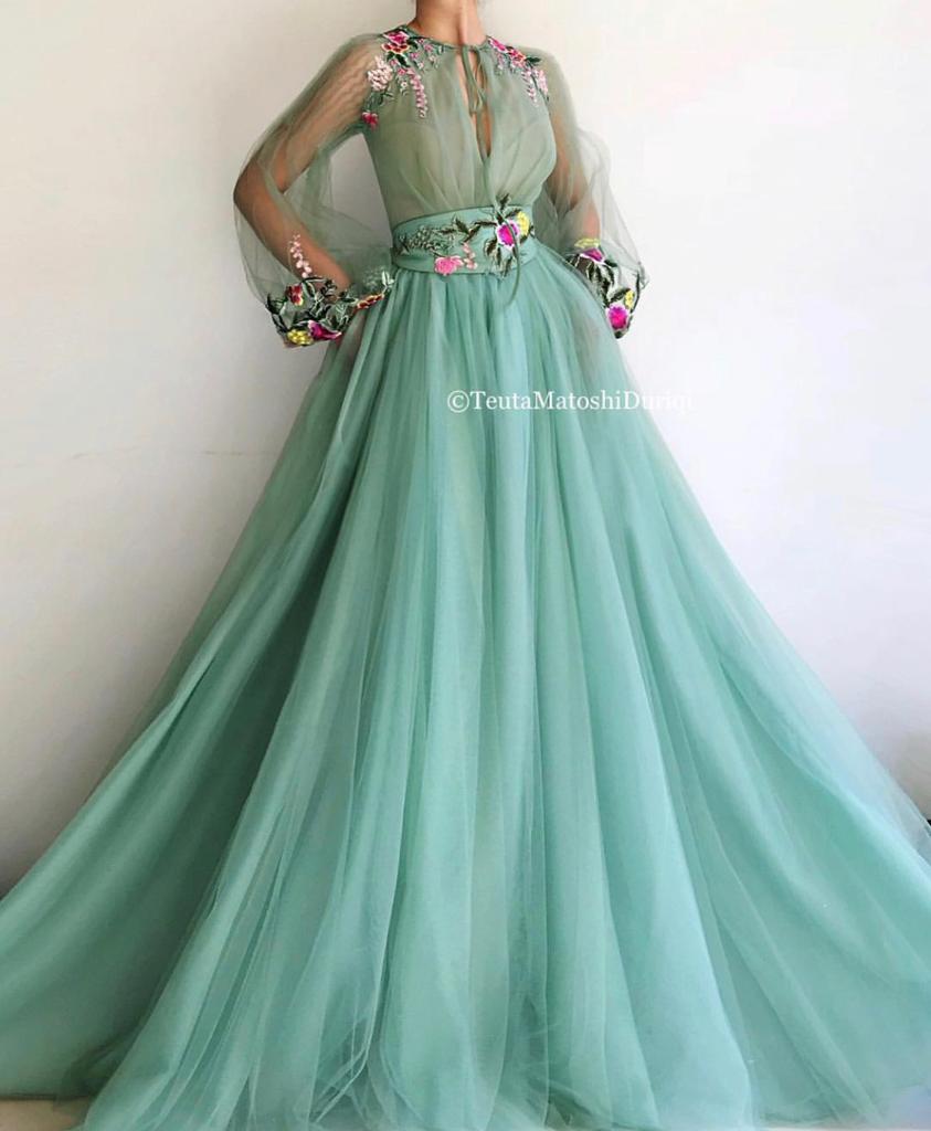 Green A-Line dress with embroidery and long sleeves