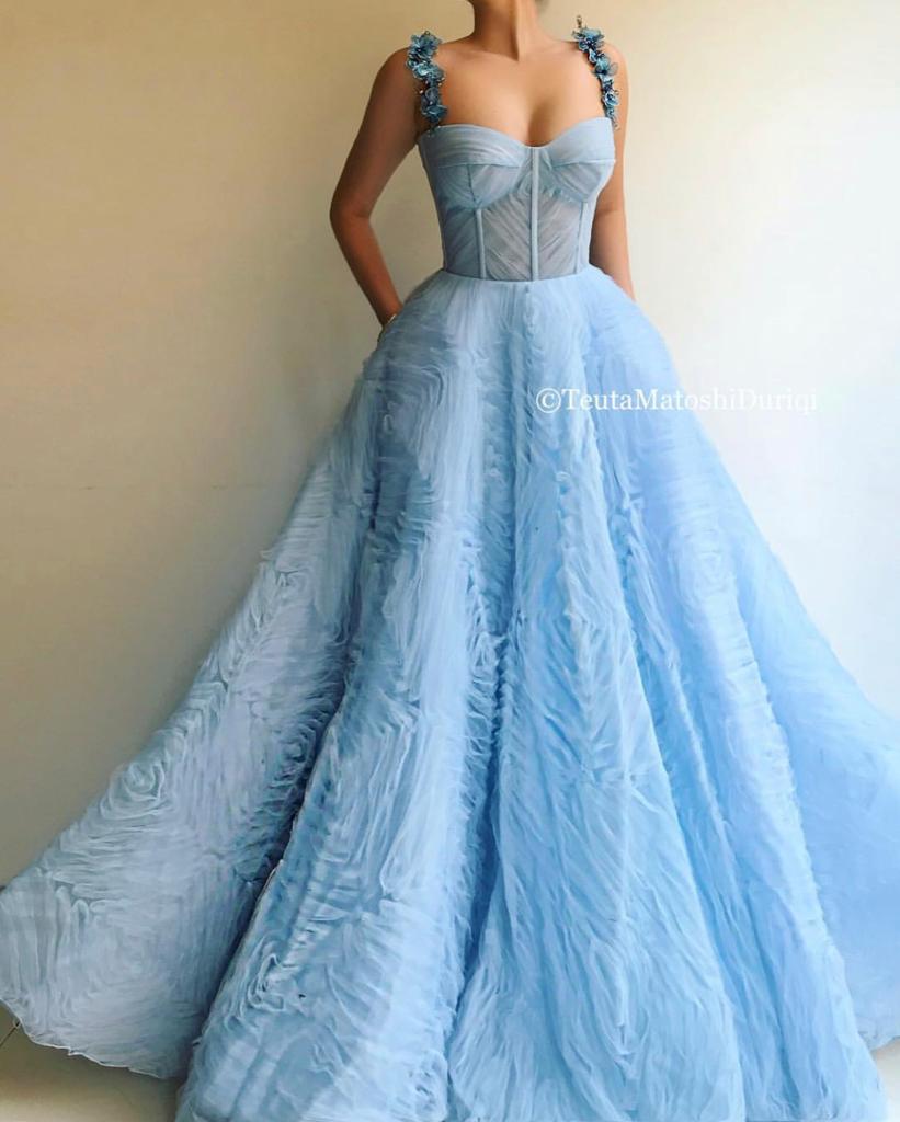 Blue A-Line dress with spaghetti straps and embroidery