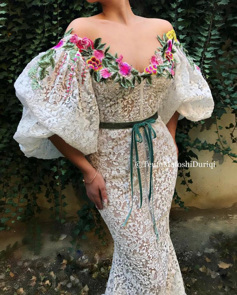 White mermaid dress with lace, embroidery and short off the shoulder sleeves