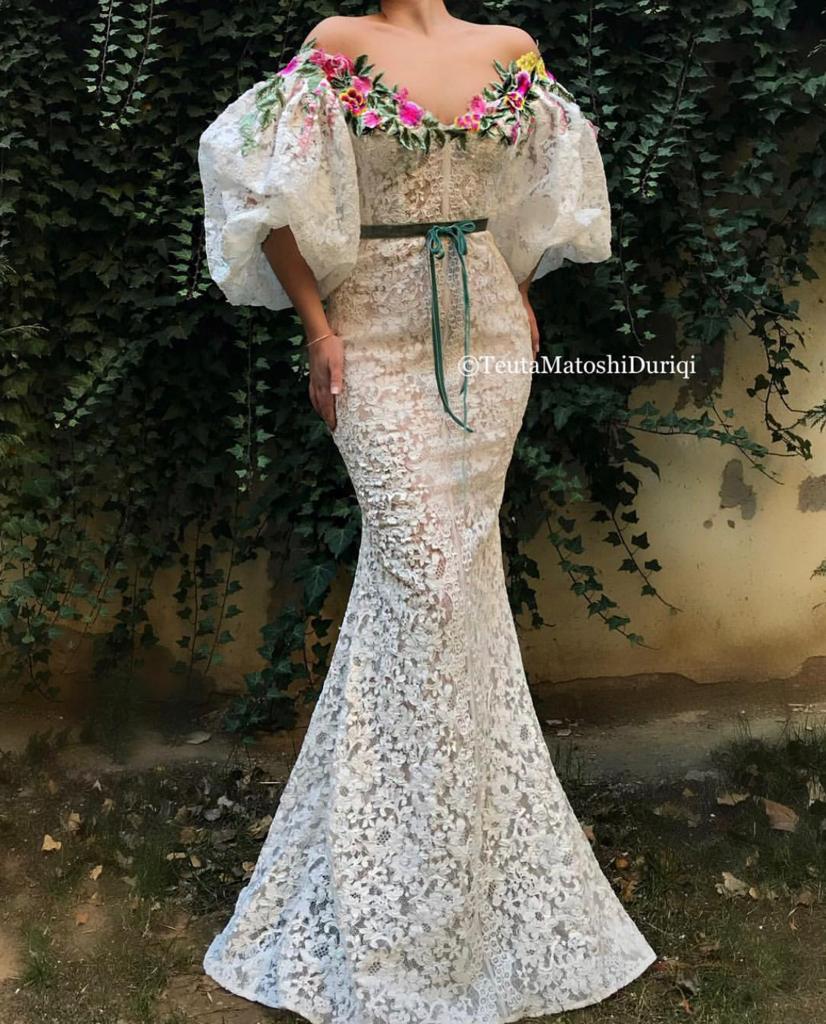White mermaid dress with lace, embroidery and short off the shoulder sleeves