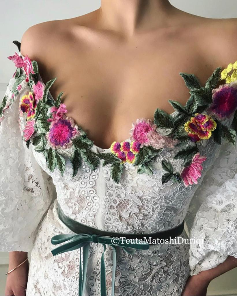White mermaid dress with lace, embroidery and short off the shoulder sleeves