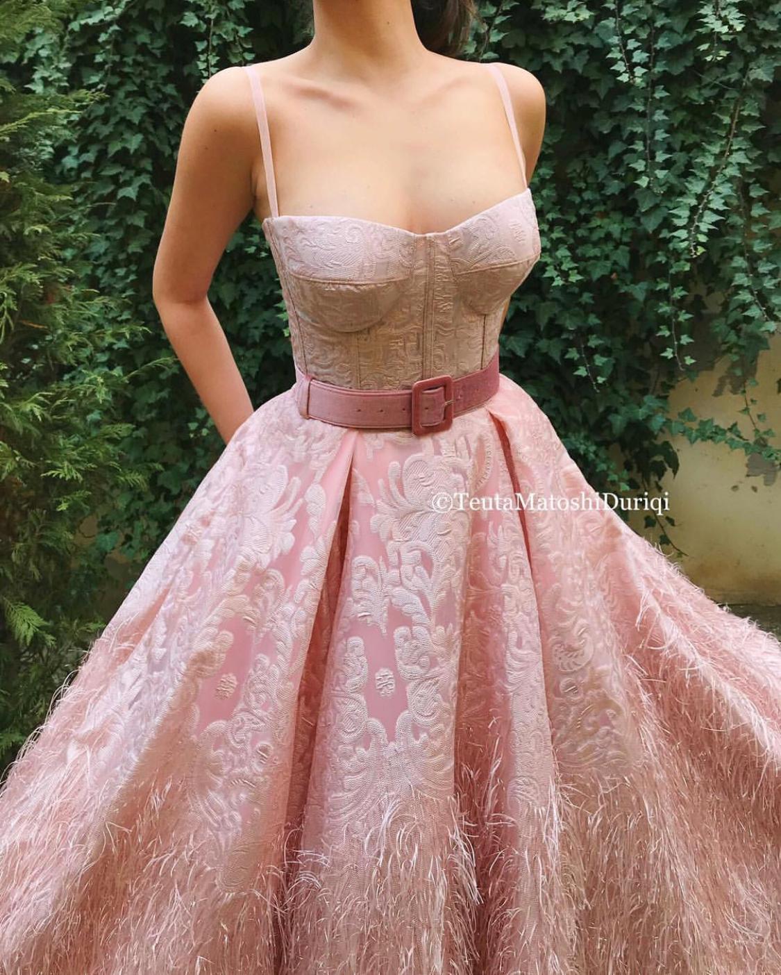 Pink A-Line dress with spaghetti straps and belt