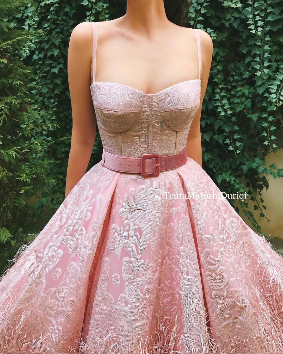 Pink A-Line dress with spaghetti straps and belt