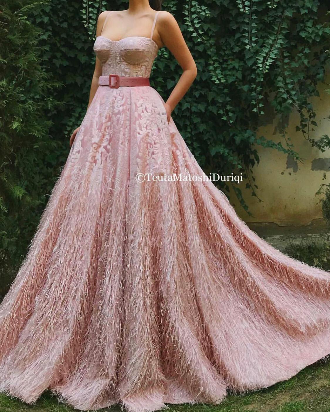Pink A-Line dress with spaghetti straps and belt