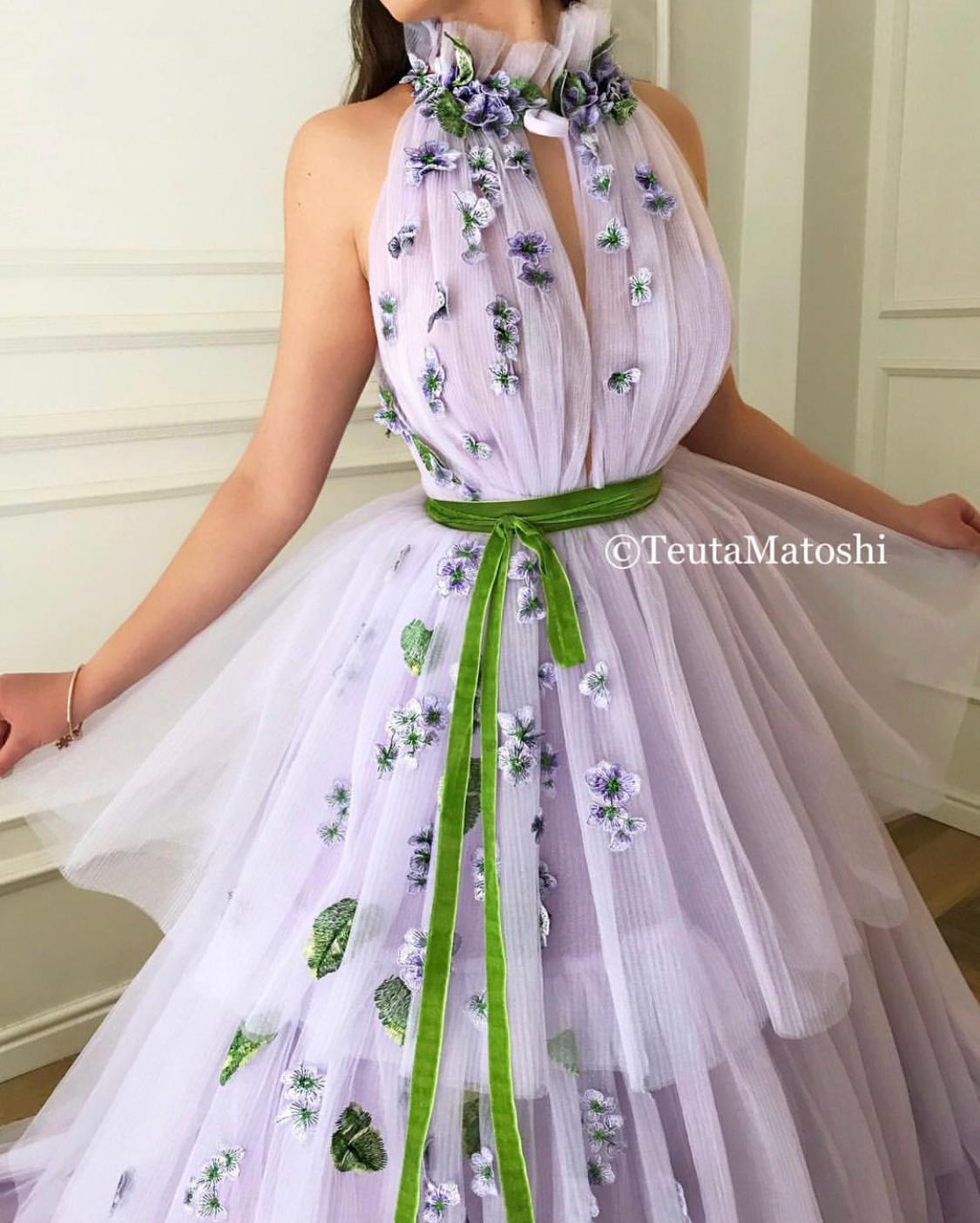 Purple A-Line dress with no sleeves and embroidery