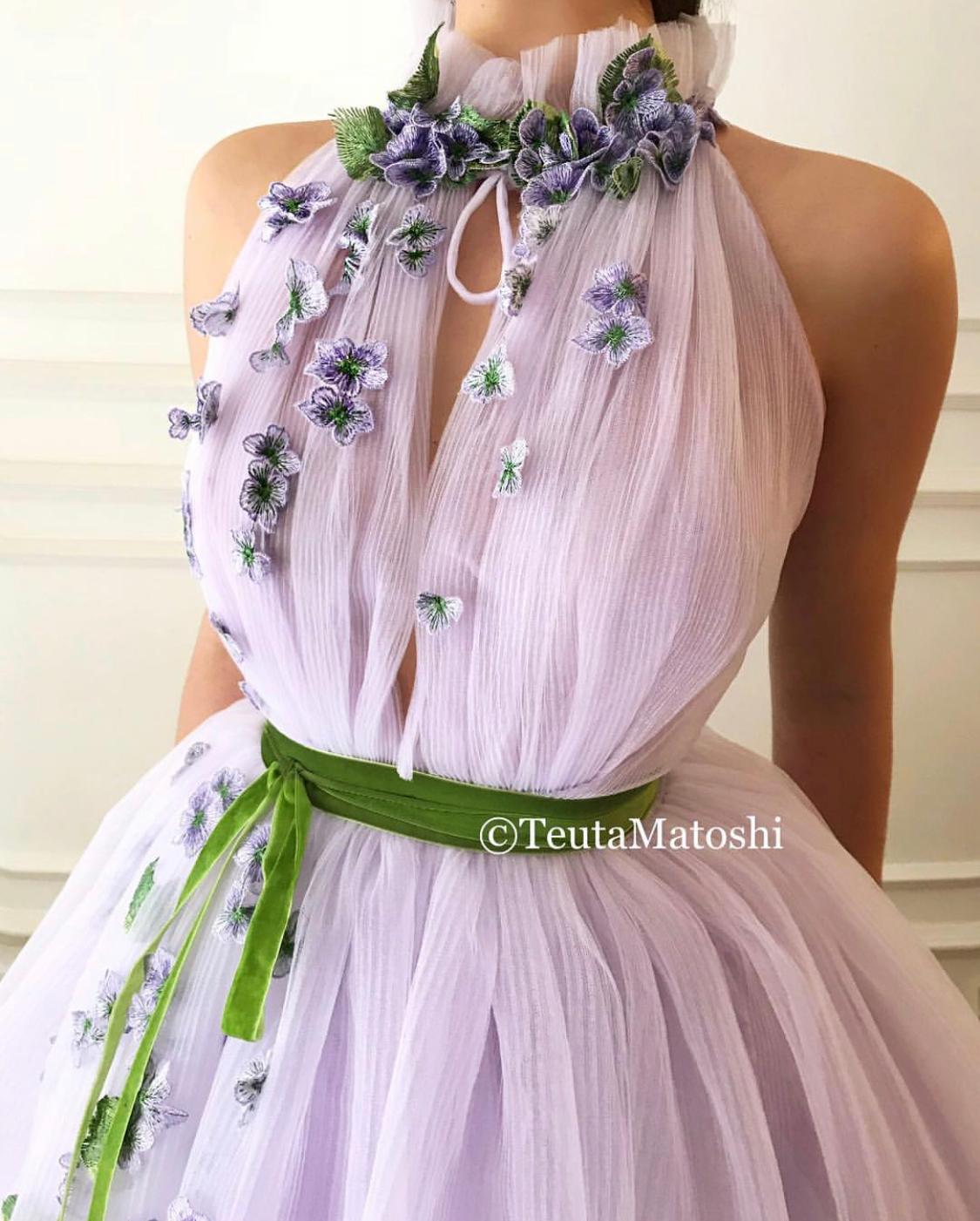 Purple A-Line dress with no sleeves and embroidery