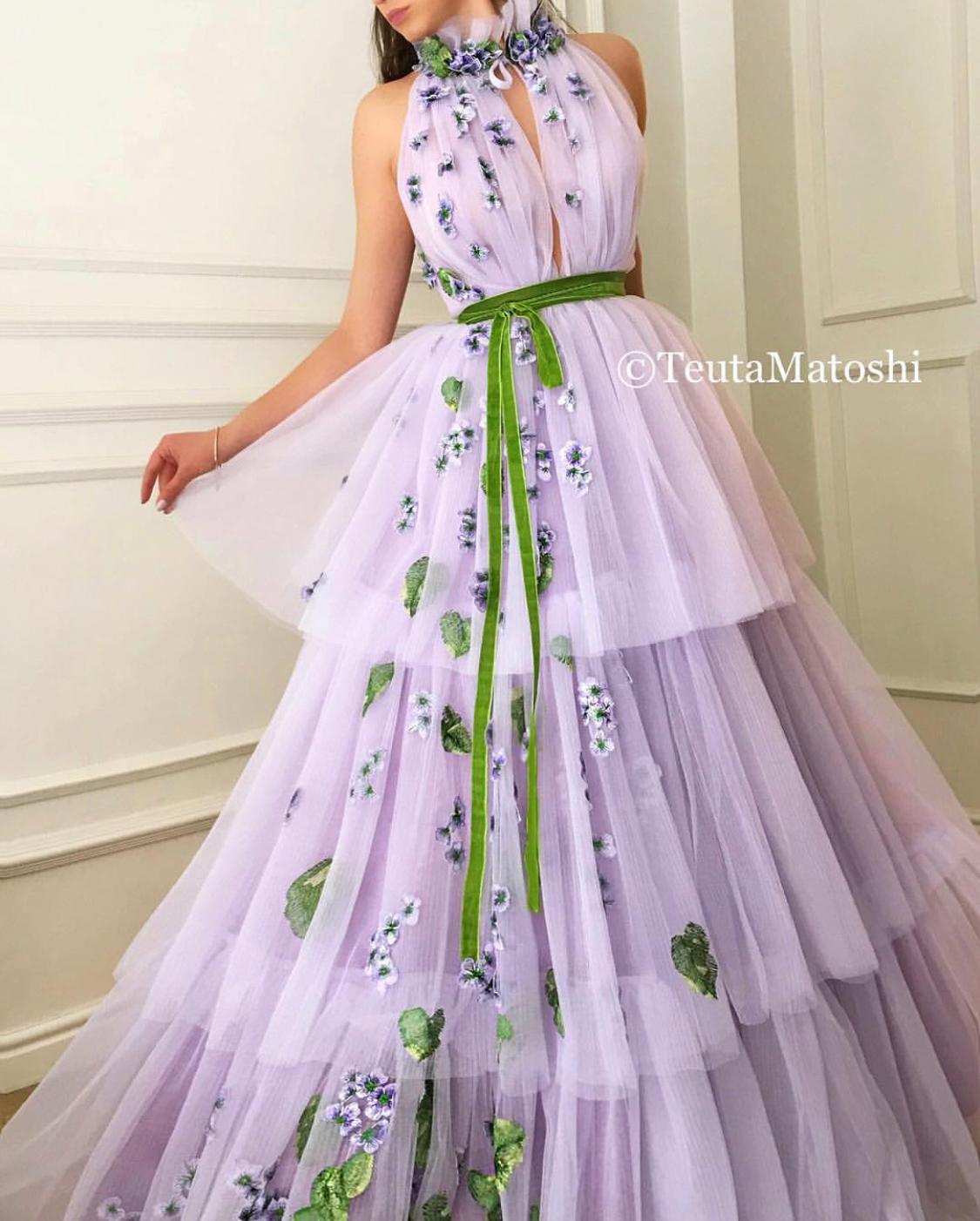 Purple A-Line dress with no sleeves and embroidery