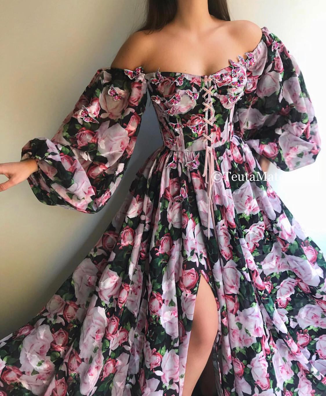 Purple A-Line dress with long off the shoulder sleeves and printed flowers