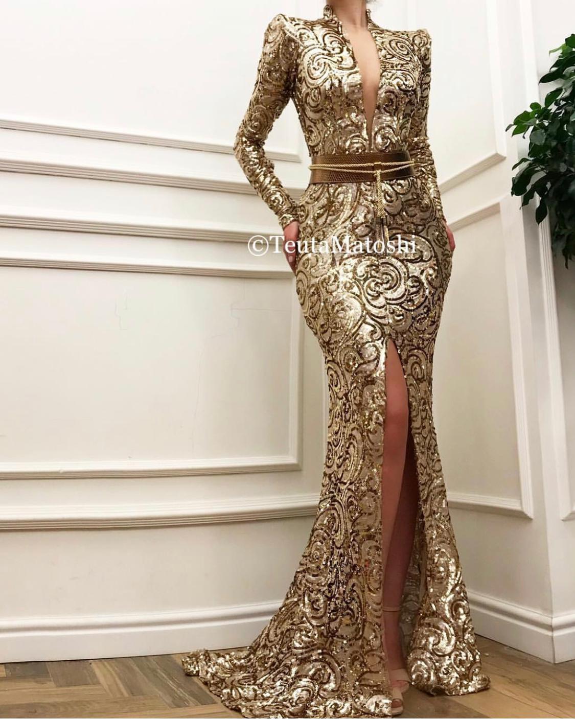 Gold mermaid dress with long sleeves