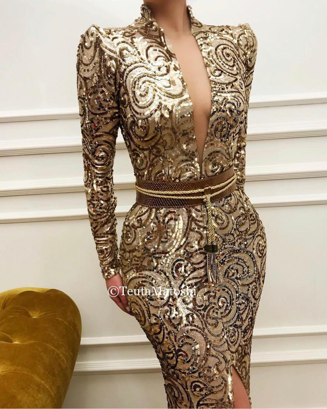 Gold mermaid dress with long sleeves
