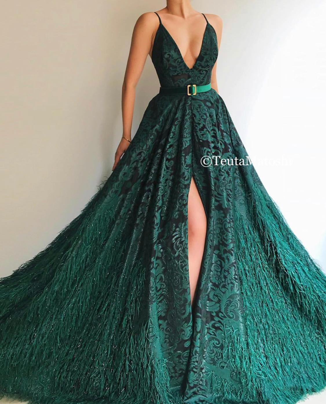 Green A-Line dress with lace, spaghetti straps, v-neck and belt