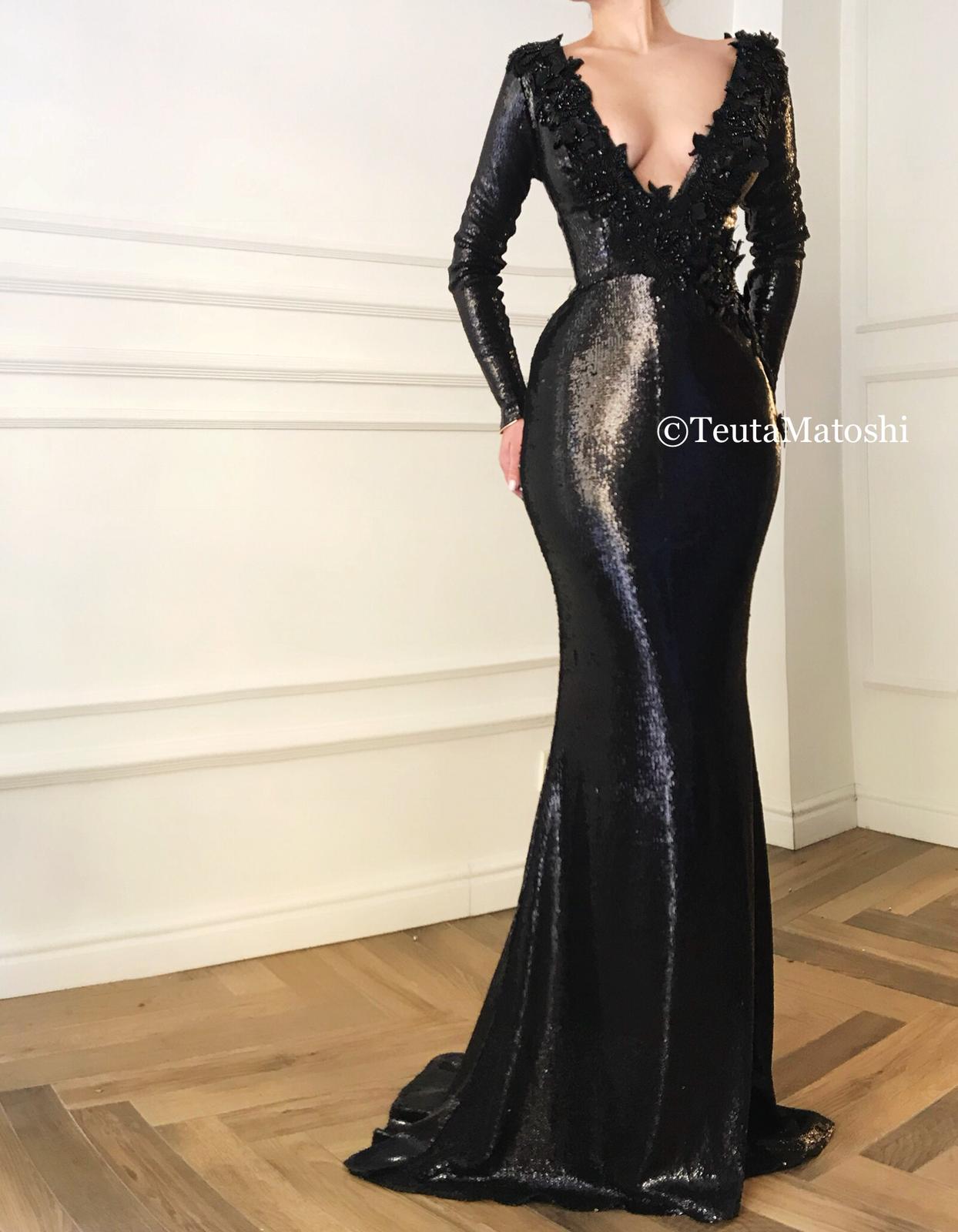 Black mermaid dress with long sleeves, v-neck and embroidery