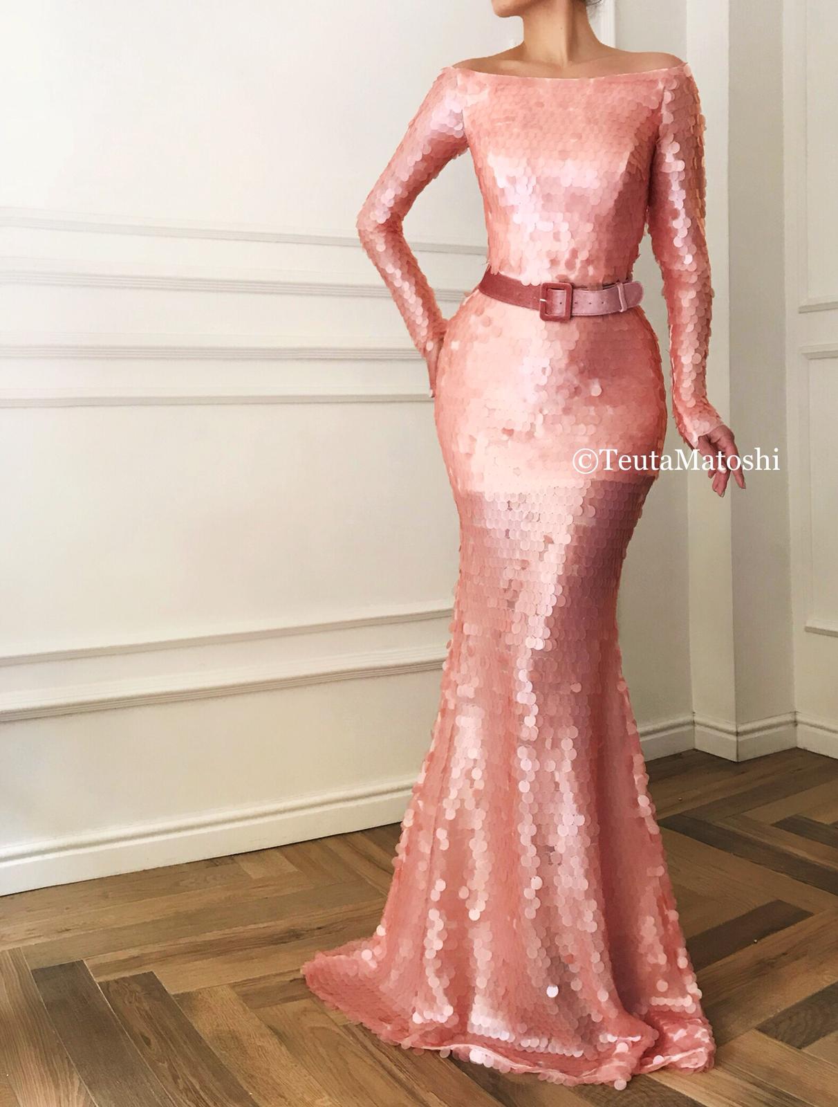 Pink mermaid dress with belt, sequins and long off the shoulder sleeves