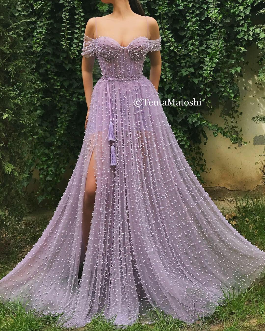 Purple A-Line dress with off the shoulder sleeves, spaghetti straps and beading