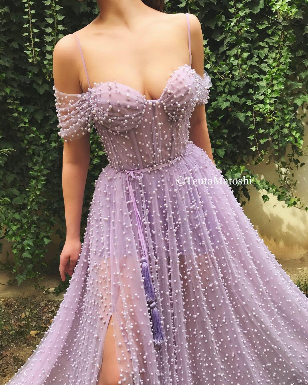 Purple A-Line dress with off the shoulder sleeves, spaghetti straps and beading