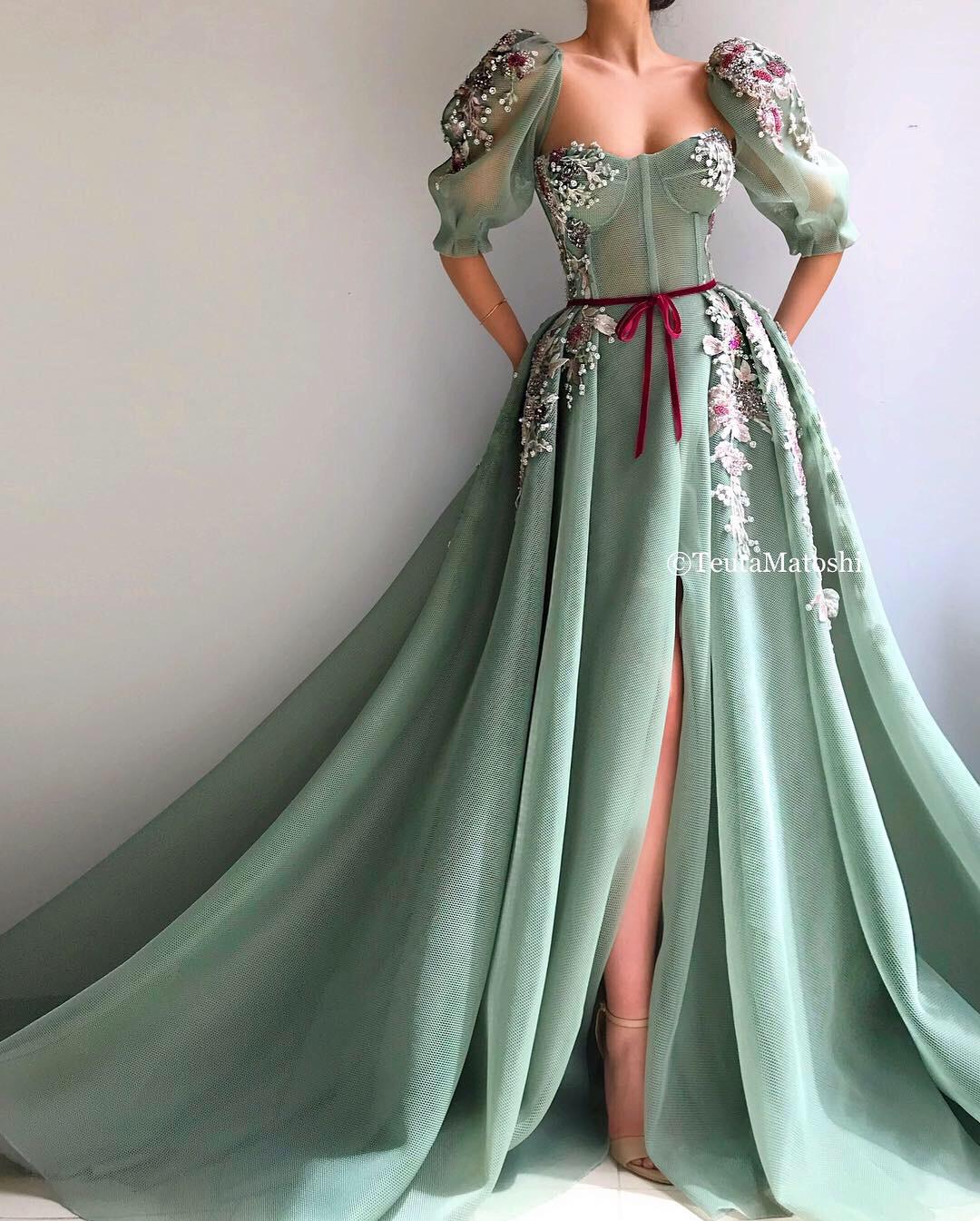 Green A-Line dress with short sleeves and embroidery